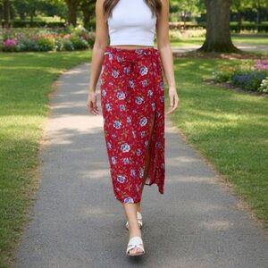 Vintage Crazy Horse by Liz Claiborne Red Blue Rayon Floral Wrap Midi Maxi Skirt